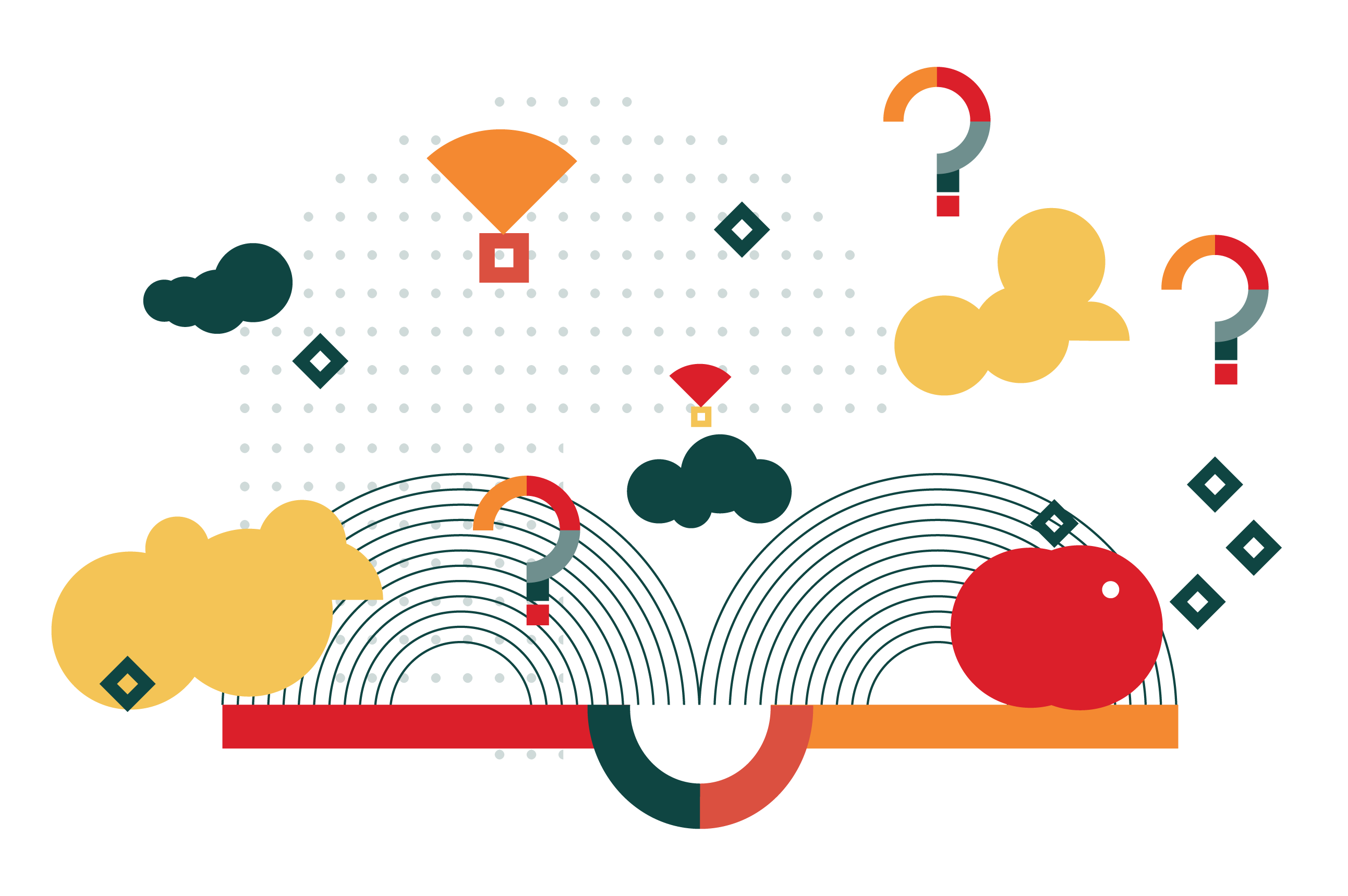 Ilustração de livro aberto com nuvens, interrogações e balões